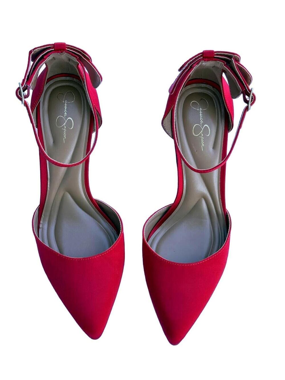Jessica Simpson Red Satin Pointed Toe Ankle Strap Stiletto Heels Y2K Designer Co